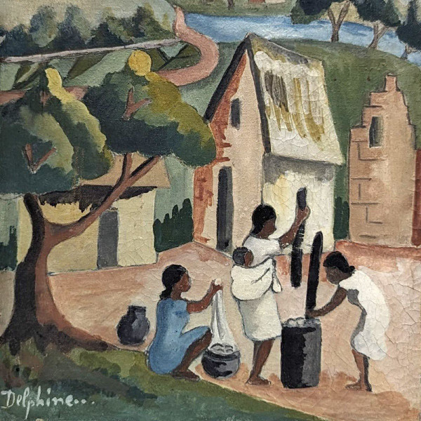 Oil On Canvas Scene Of Life In Madagascar Malagasy School Signed Delphine