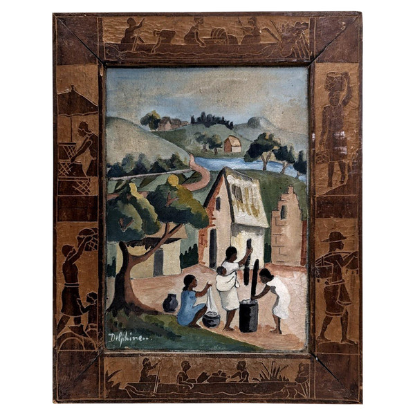Oil On Canvas Scene Of Life In Madagascar Malagasy School Signed Delphine