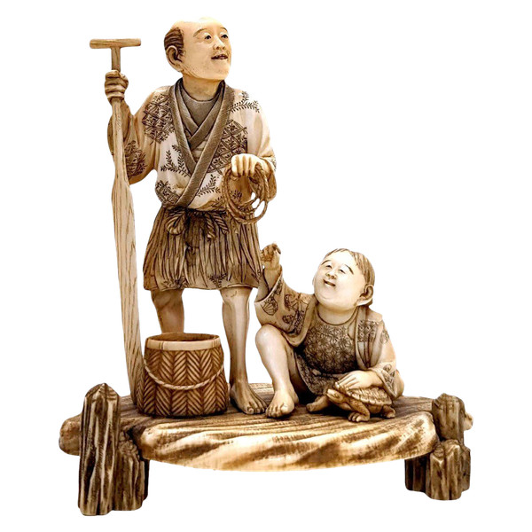 Okimomo In Ivory From The 19th Century Representing A Sinner And His Son,