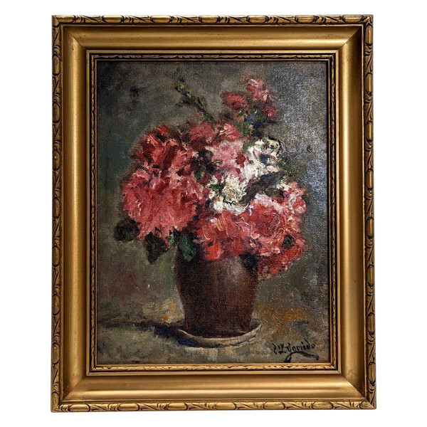 "louis Edouard Garrido Oil On Cardboard Bouquet of Carnations Or Geranium