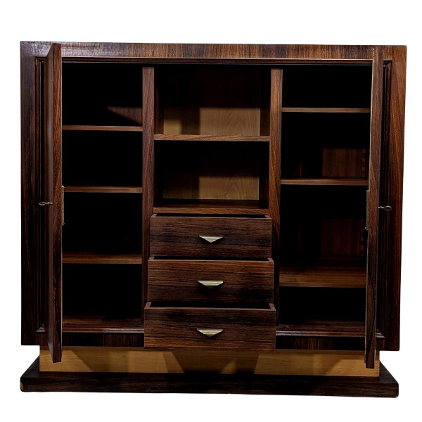 Bibliothèque Style Art Déco 1930 d'époque 1950 En Palissandre Poignées En Laiton