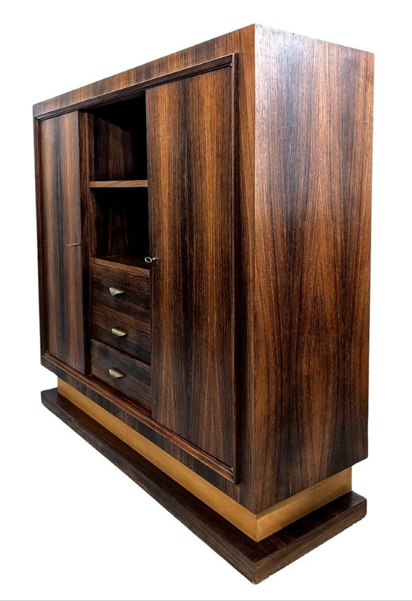Bibliothèque Style Art Déco 1930 d'époque 1950 En Palissandre Poignées En Laiton
