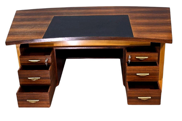 Grand Bureau Présidentiel à Caisson Style Art Déco 1930 d'époque 1950 En Palissandre