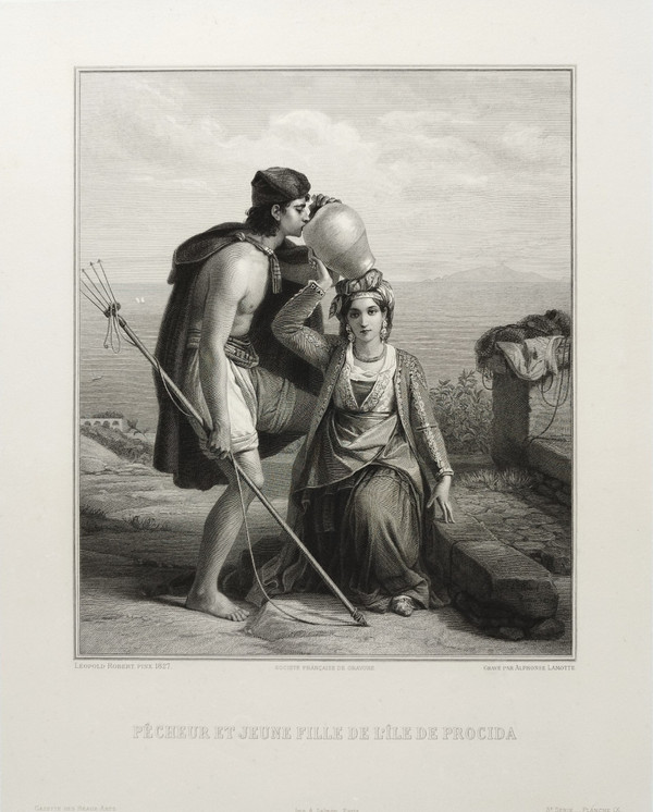 Etching By Alphonse Lamotte Engraving After Léopold Robert Fisherman And Young Greek Girl 19th C Old