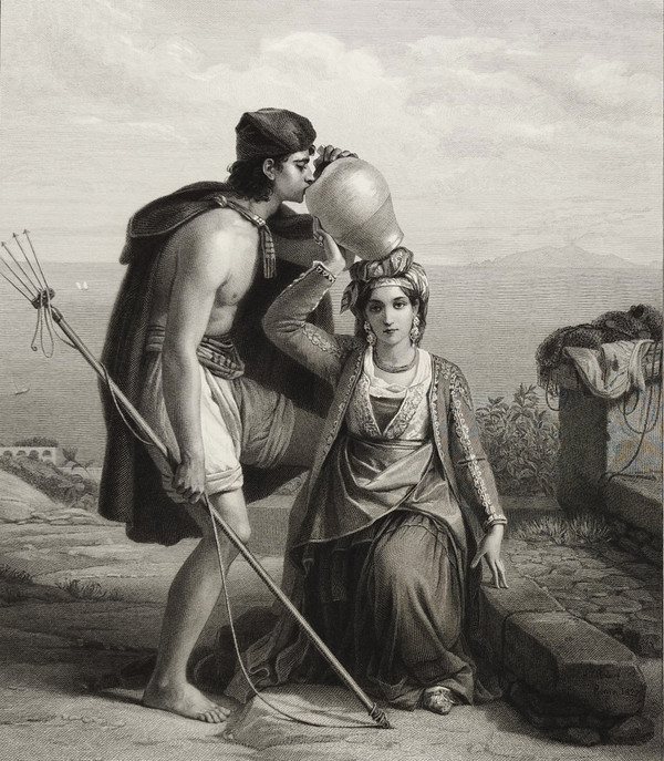 Etching By Alphonse Lamotte Engraving After Léopold Robert Fisherman And Young Greek Girl 19th C Old