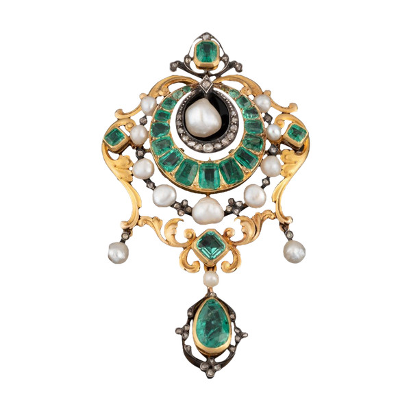 Beaumont & Companie Gold Brooch with Emeralds and Fine Pearls