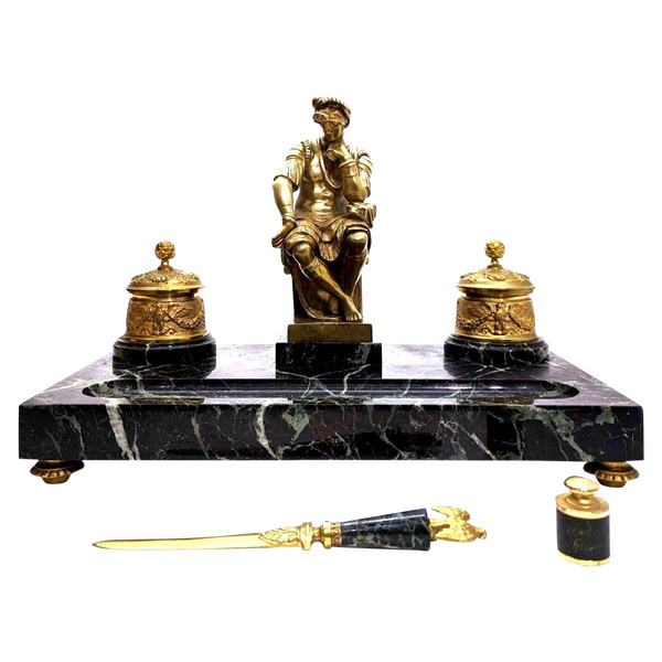 Large Inkwell Decorated By Laurent De Medici By Michelangelo Gilt Bronze And Green Marble