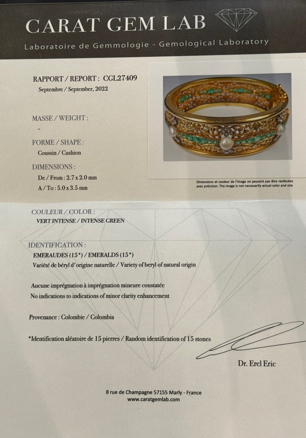 Beaumont & Cie, : Bracelet Jonc Orné d'émeraudes, Diamants Et Perles Fines