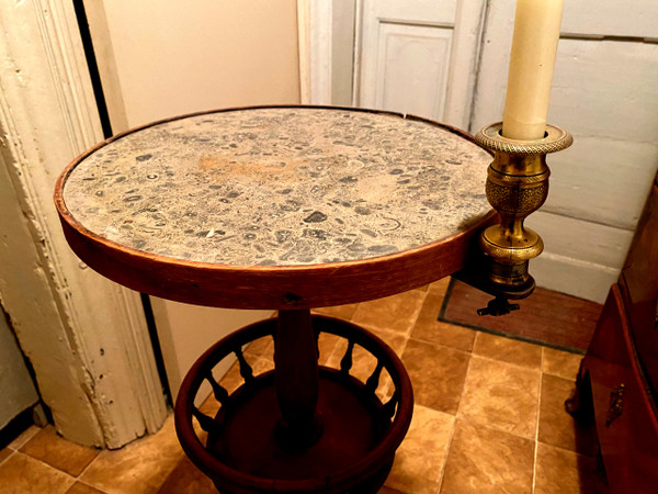 Empire period tripod pedestal table in blond walnut with candlestick early 19th century
