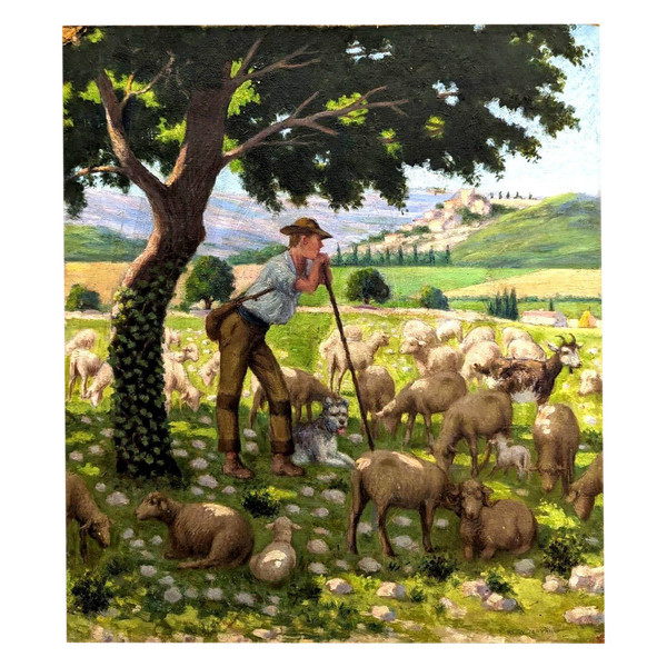 Olio Su Tela Scena Pastorale Scuola Provenzale Rémy Mayan (1877-1961)