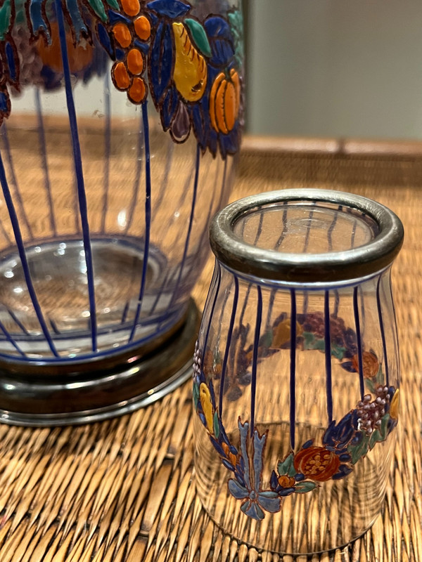 Set Karaffe + Glas - Emailliertes Glas und silberner Rand - Jugendstil (1900)