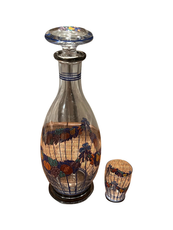 Ensemble carafe + verre - Verre émaillé et cerclage argent - Art nouveau (1900)