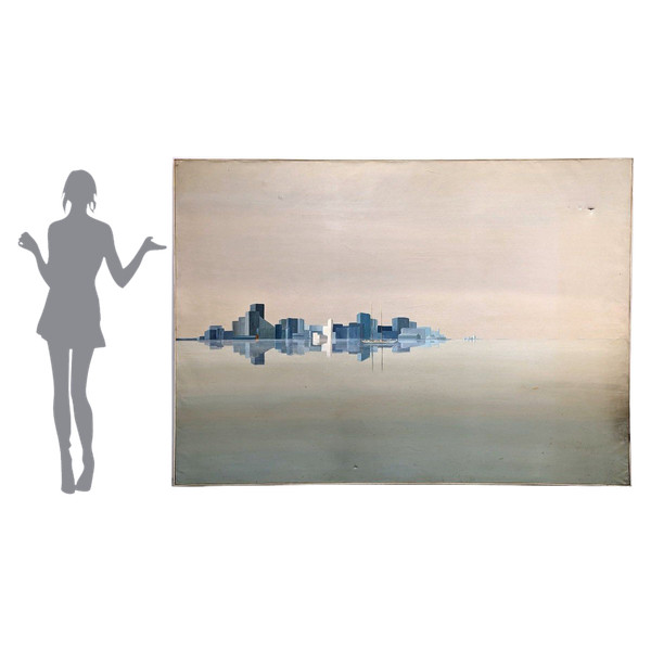 Grande Toile Abstraite Représentant Une Skyline Cubiste En Camaïeux De Bleu