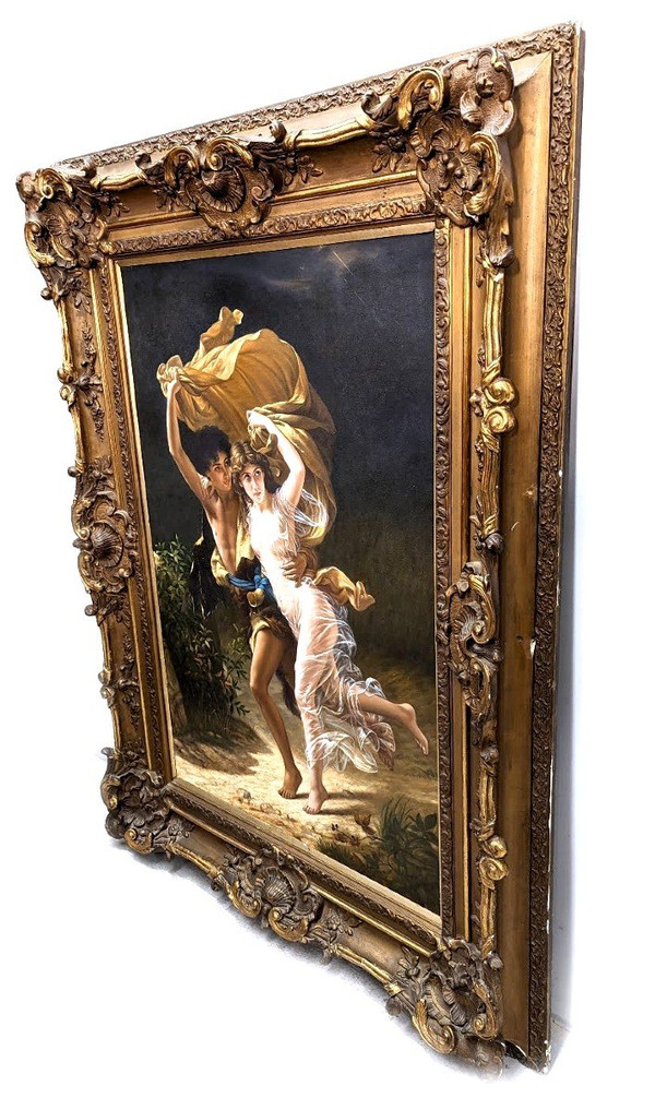 Olio su tela copia di L'Orage di Pierre Auguste Cot in una graziosa cornice ad orecchio