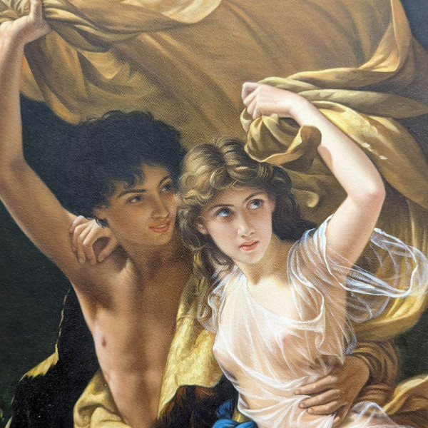 Olio su tela copia di L'Orage di Pierre Auguste Cot in una graziosa cornice ad orecchio