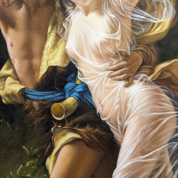 Olio su tela copia di L'Orage di Pierre Auguste Cot in una graziosa cornice ad orecchio