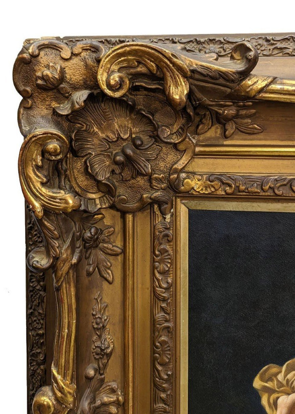 Olio su tela copia di L'Orage di Pierre Auguste Cot in una graziosa cornice ad orecchio
