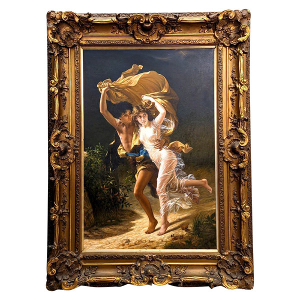 Olio su tela copia di L'Orage di Pierre Auguste Cot in una graziosa cornice ad orecchio