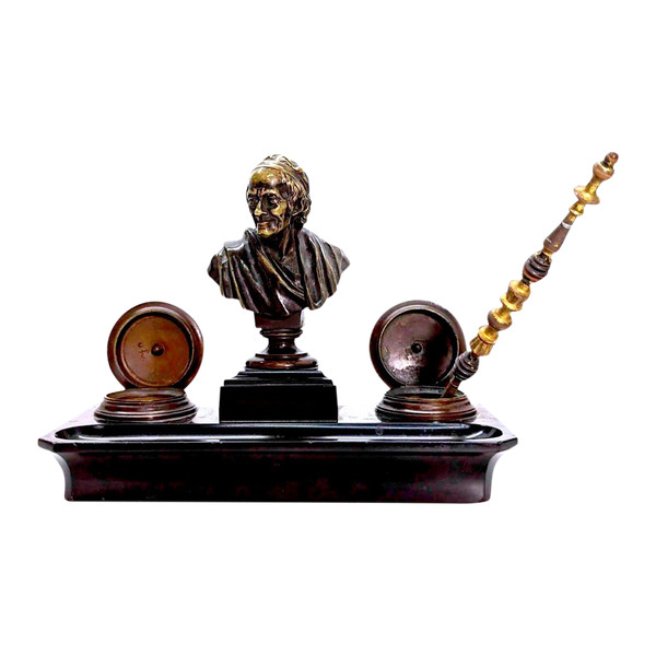 Napoleon III Bronze And Black Marble Inkwell With Voltaire Decor