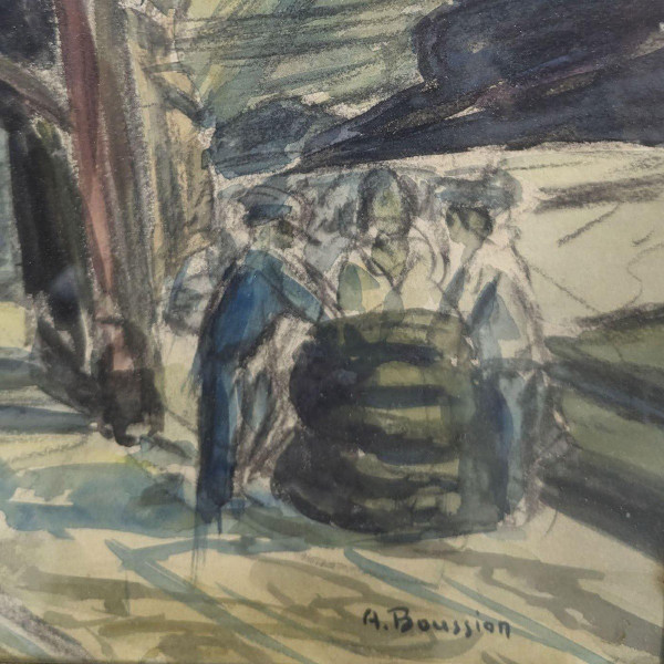 Grande Aquarelle Gouachée Le Silo à Grains De Marseille Par Albert  Boussion