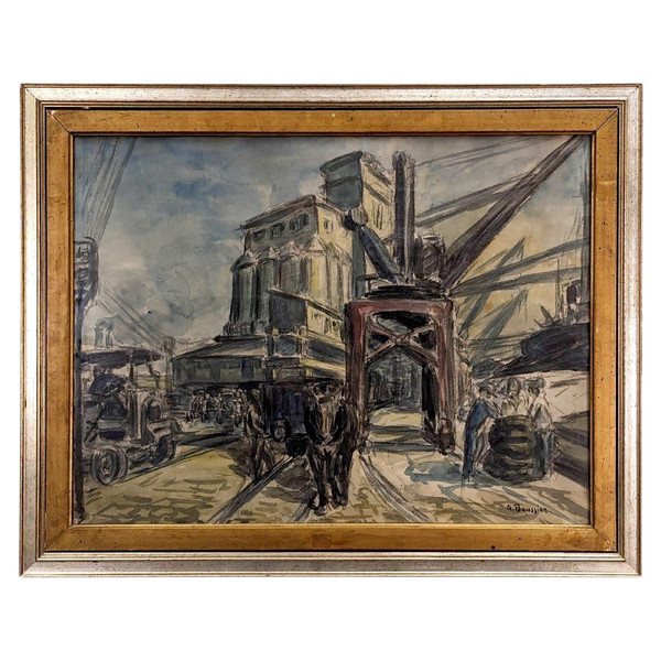 Grande Aquarelle Gouachée Le Silo à Grains De Marseille Par Albert  Boussion