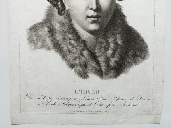 Etching Allegorical Engraving Winter Portrait Of A Lady By Lemire Empire Period 19th C Old Print
