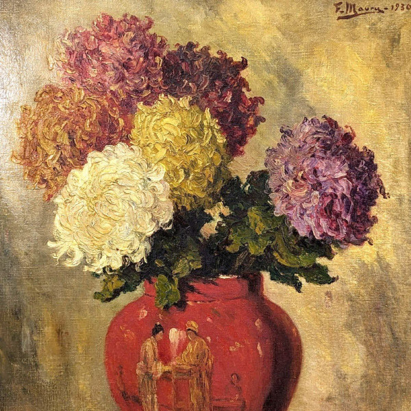 Oil On Canvas With Chrysanthemums By F Maury
