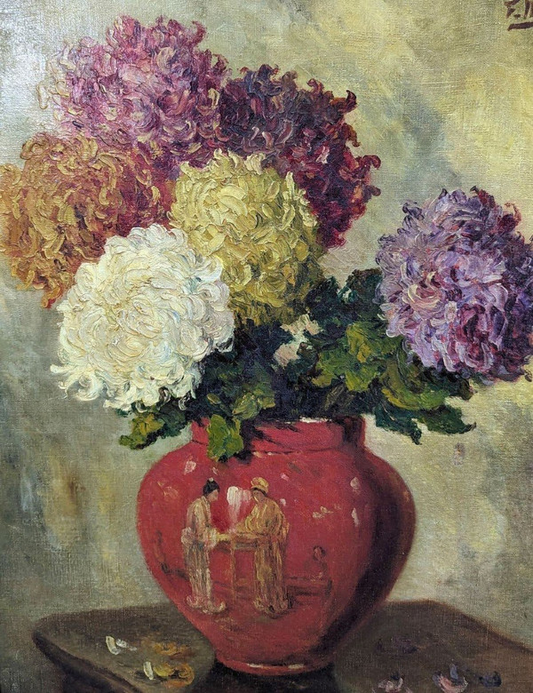 Oil On Canvas With Chrysanthemums By F Maury