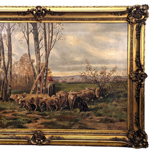 Large Painting 19th Century Pastoral Scene In A Large Frame With Ears
