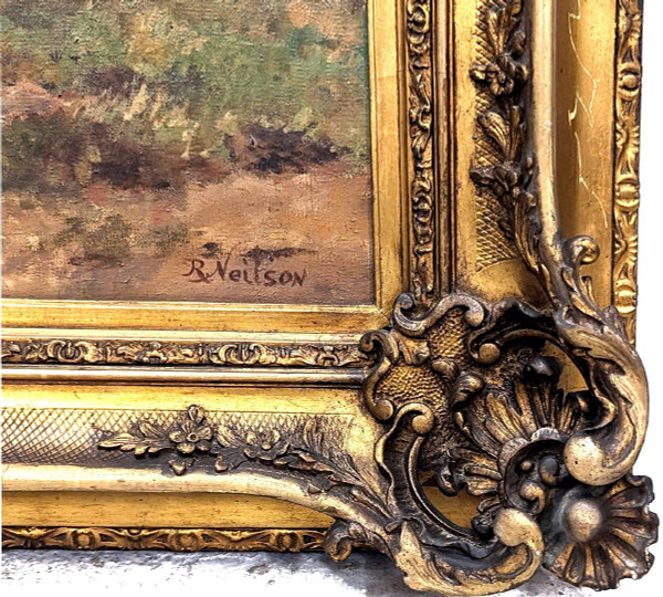 Large Painting 19th Century Pastoral Scene In A Large Frame With Ears