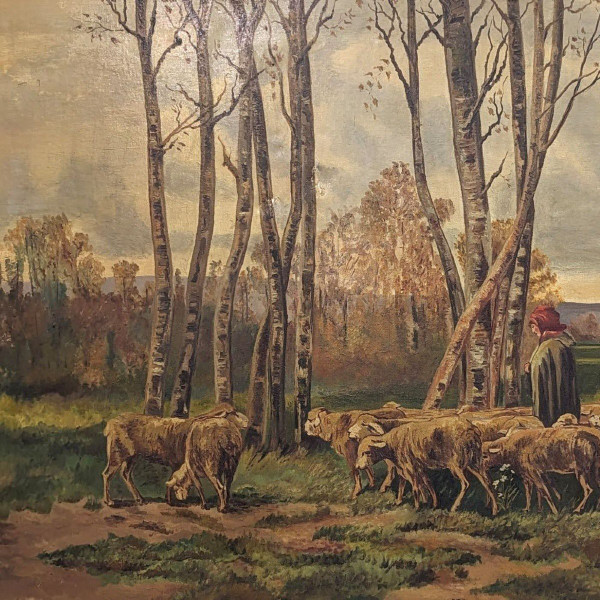 Large Painting 19th Century Pastoral Scene In A Large Frame With Ears