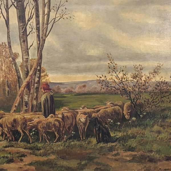 Large Painting 19th Century Pastoral Scene In A Large Frame With Ears