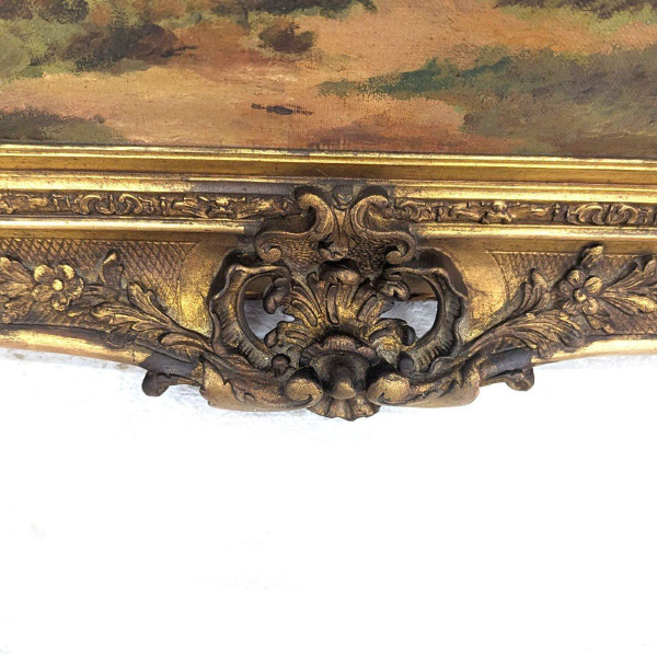 Large Painting 19th Century Pastoral Scene In A Large Frame With Ears