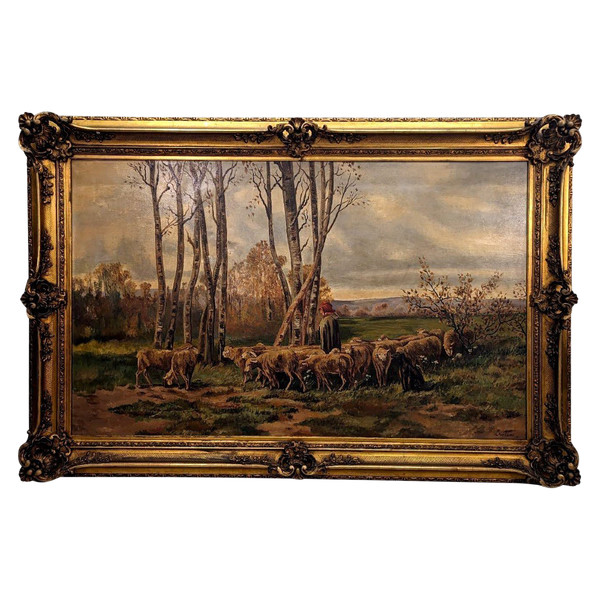 Large Painting 19th Century Pastoral Scene In A Large Frame With Ears