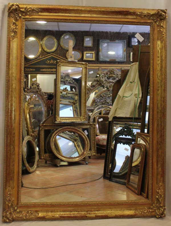 Grand Miroir Ancien Rectangle Feuille d'Or , Décors De Fleurs 126 X 165 Cm