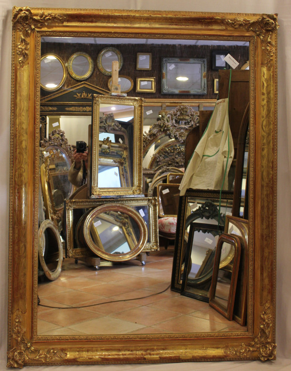 Grand Miroir Ancien Rectangle Feuille d'Or , Décors De Fleurs 126 X 165 Cm