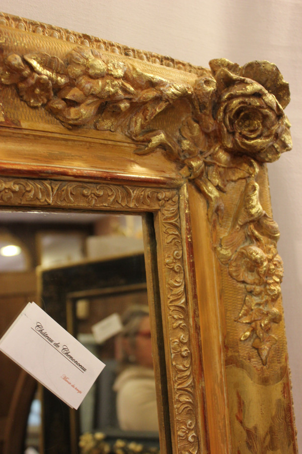 Grand Miroir Ancien Rectangle Feuille d'Or , Décors De Fleurs 126 X 165 Cm