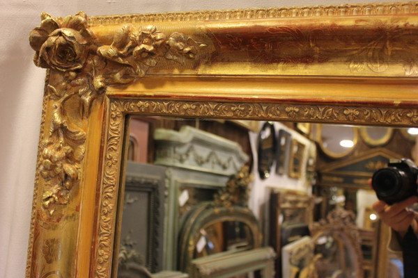 Grand Miroir Ancien Rectangle Feuille d'Or , Décors De Fleurs 126 X 165 Cm
