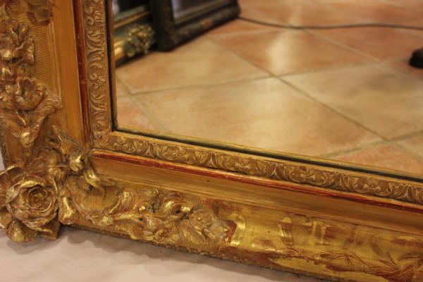 Grand Miroir Ancien Rectangle Feuille d'Or , Décors De Fleurs 126 X 165 Cm