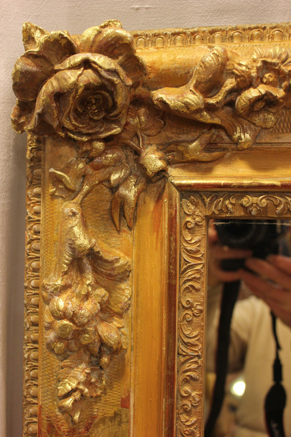 Grand Miroir Ancien Rectangle Feuille d'Or , Décors De Fleurs 126 X 165 Cm