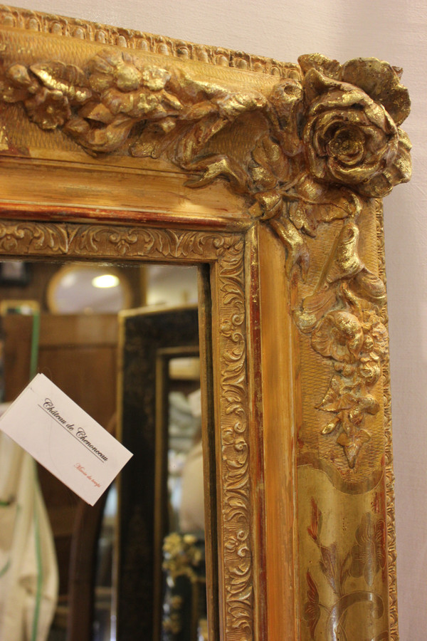 Grand Miroir Ancien Rectangle Feuille d'Or , Décors De Fleurs 126 X 165 Cm