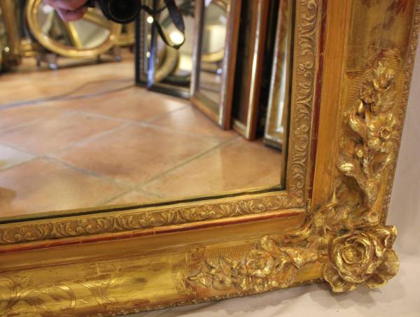 Grand Miroir Ancien Rectangle Feuille d'Or , Décors De Fleurs 126 X 165 Cm
