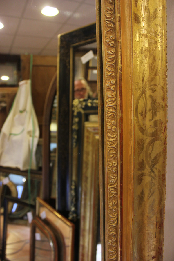 Grand Miroir Ancien Rectangle Feuille d'Or , Décors De Fleurs 126 X 165 Cm