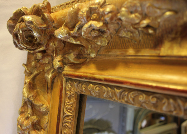 Grand Miroir Ancien Rectangle Feuille d'Or , Décors De Fleurs 126 X 165 Cm