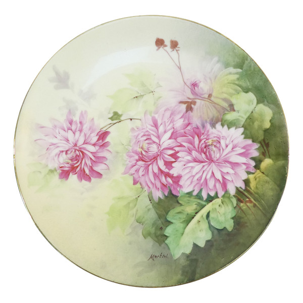 LIMOGES Piatto in porcellana decorato con DAHLIA rosa firmato MARTIAL