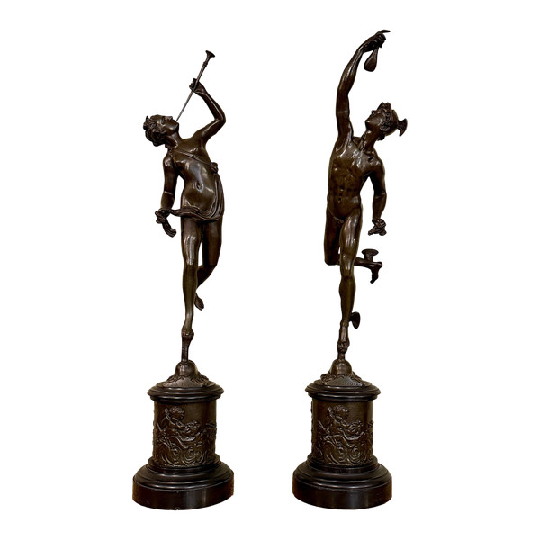 Jean De Bologne After, coppia di sculture in bronzo al mercurio rinomate del XIX secolo (altezza 82 cm)