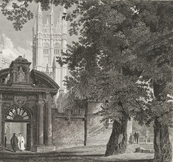  Architectural Etching  View College In Oxford In England 19th C Engraving After Mackenzie 19th C 
