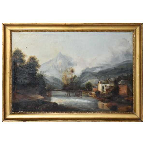Französische Schule aus dem 19. Jahrhundert, Öl auf Leinwand. Haus am Fluss, Berglandschaft