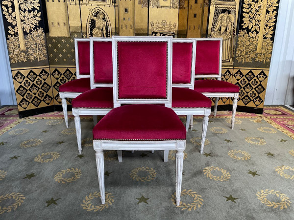 Suite De 6 Chaises De Style Louis XVI Velours Rouge
