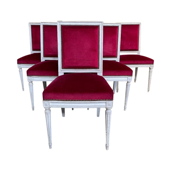 Suite De 6 Chaises De Style Louis XVI Velours Rouge